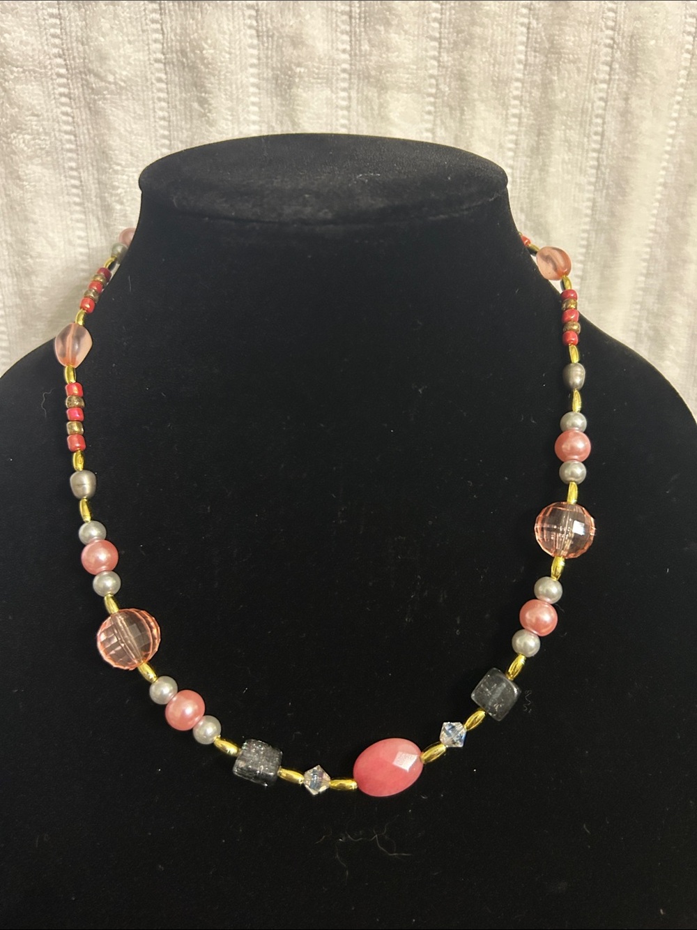 Pink Beaded Women's Necklace with Gold Accents